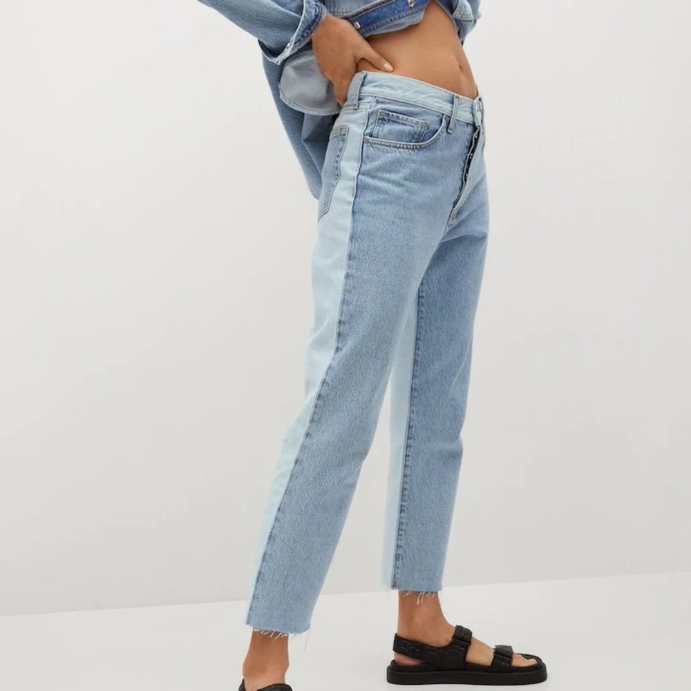 Contrast Straight Leg Raw Hem Ankle Jeans